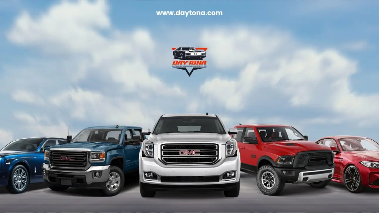 Daytona Exotics luxury vehicle lineup featuring sports cars trucks and sedans with branded banner