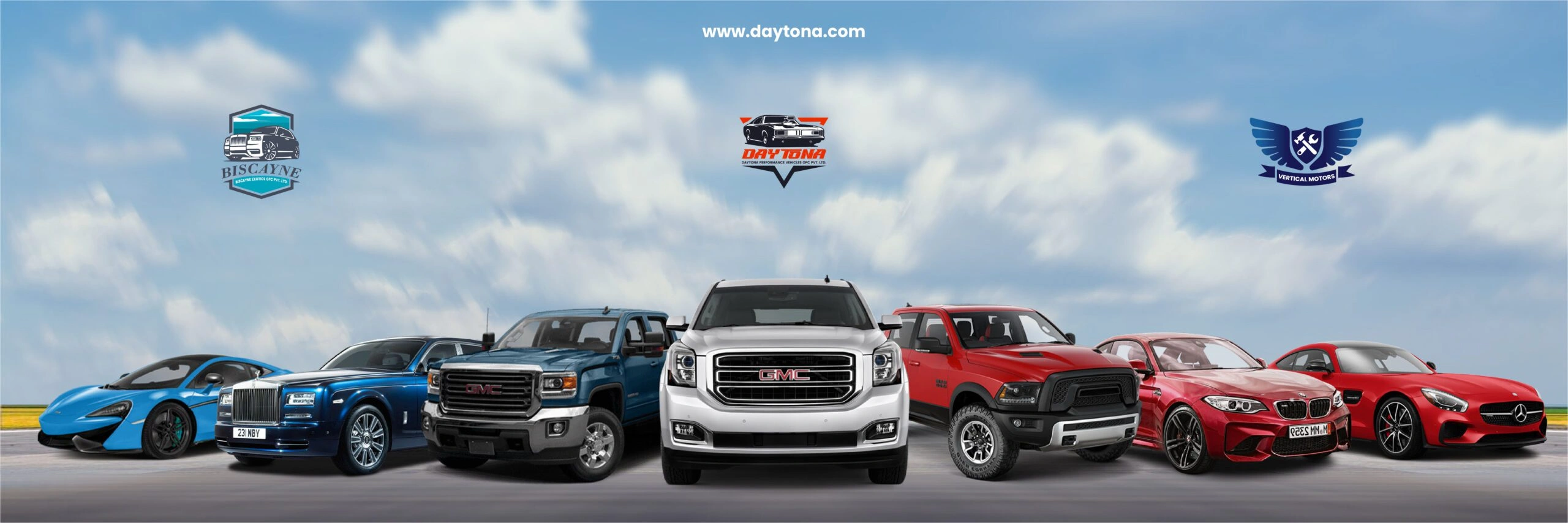 Daytona Exotics luxury vehicle lineup featuring sports cars trucks and sedans with branded banner