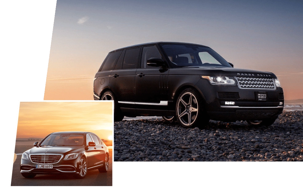 Composite image showing dark blue Range Rover luxury SUV at sunset and burgundy Mercedes-Benz sedan