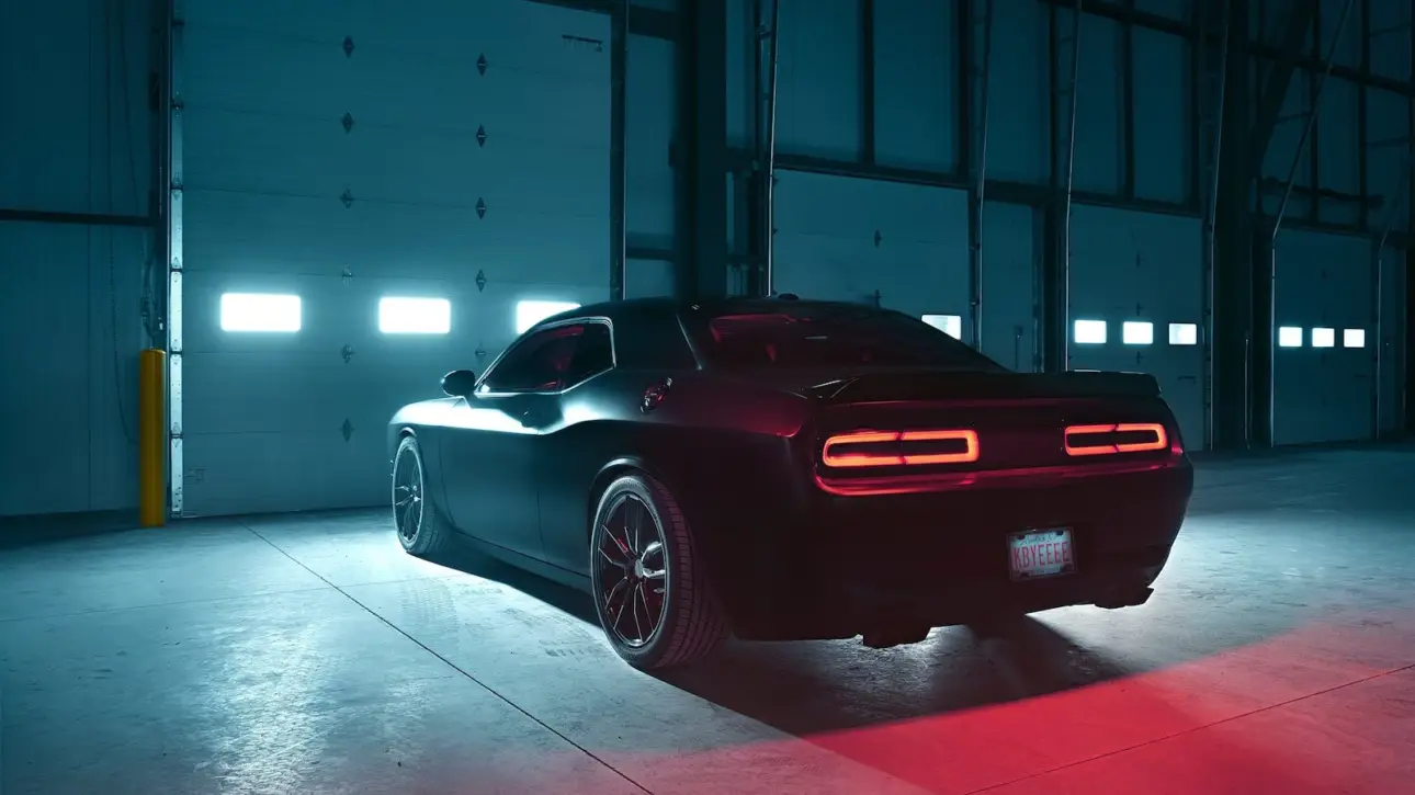 Black Dodge Challenger muscle car rear view with glowing red LED taillights in dark parking garage