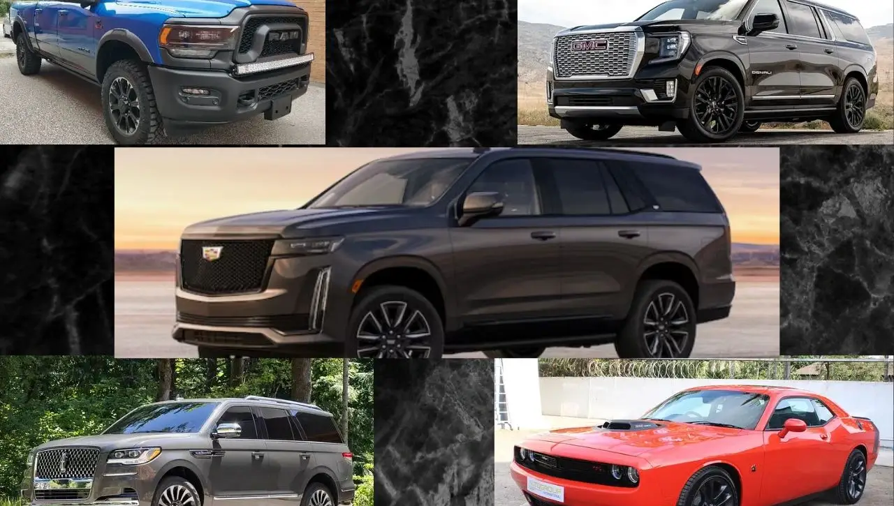 Collage showcasing top 5 American dream cars including RAM, Cadillac Escalade and Dodge Challenger available in India