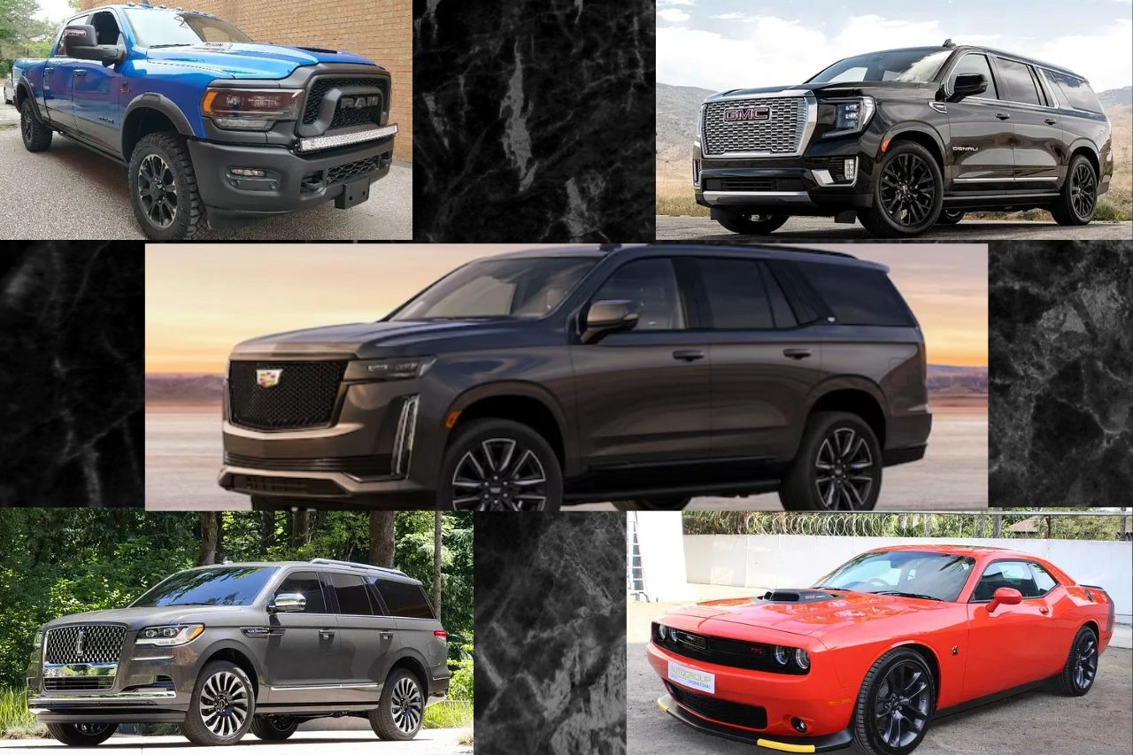 Collage showcasing top 5 American dream cars including RAM, Cadillac Escalade and Dodge Challenger available in India