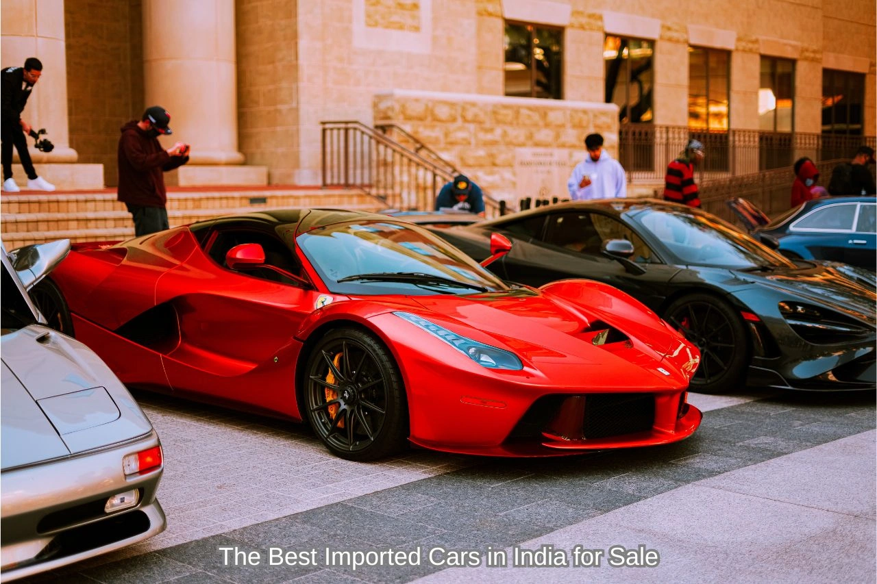 Red Ferrari and exotic supercars displayed in luxury showroom showcasing best imported cars in India for sale