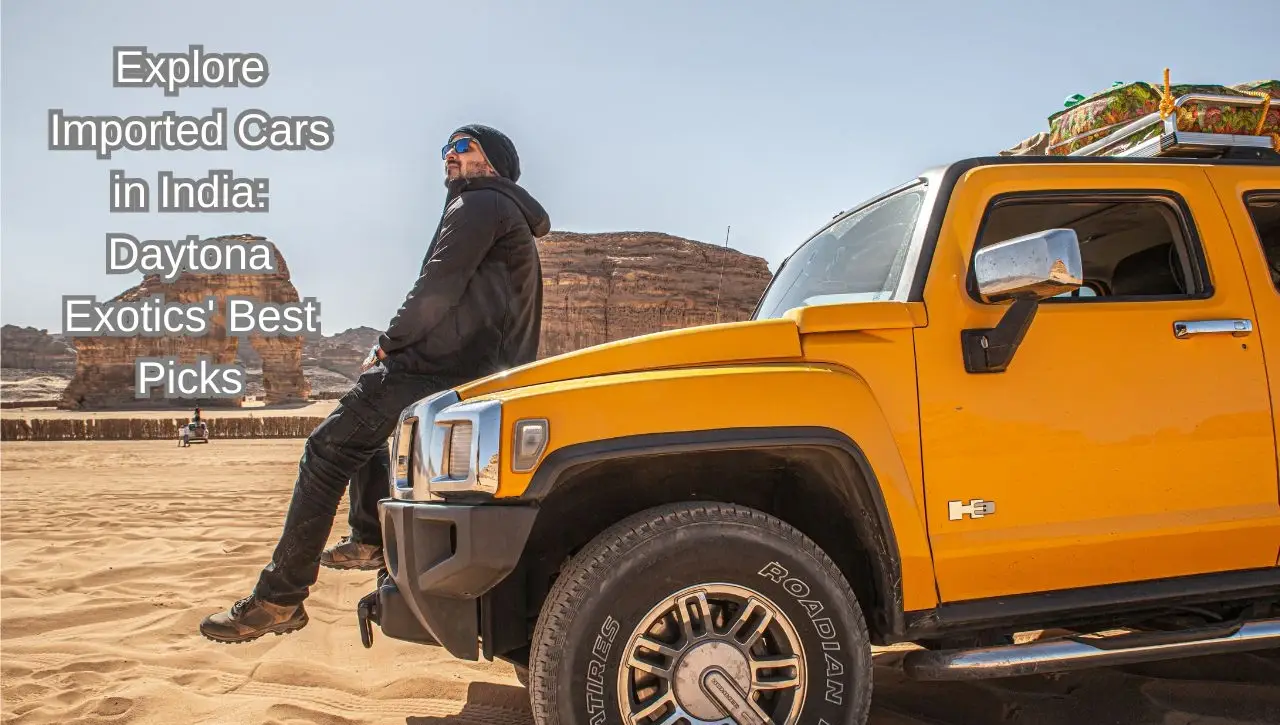 Orange Hummer vehicle in desert landscape exploring imported cars in India with Daytona Exotics