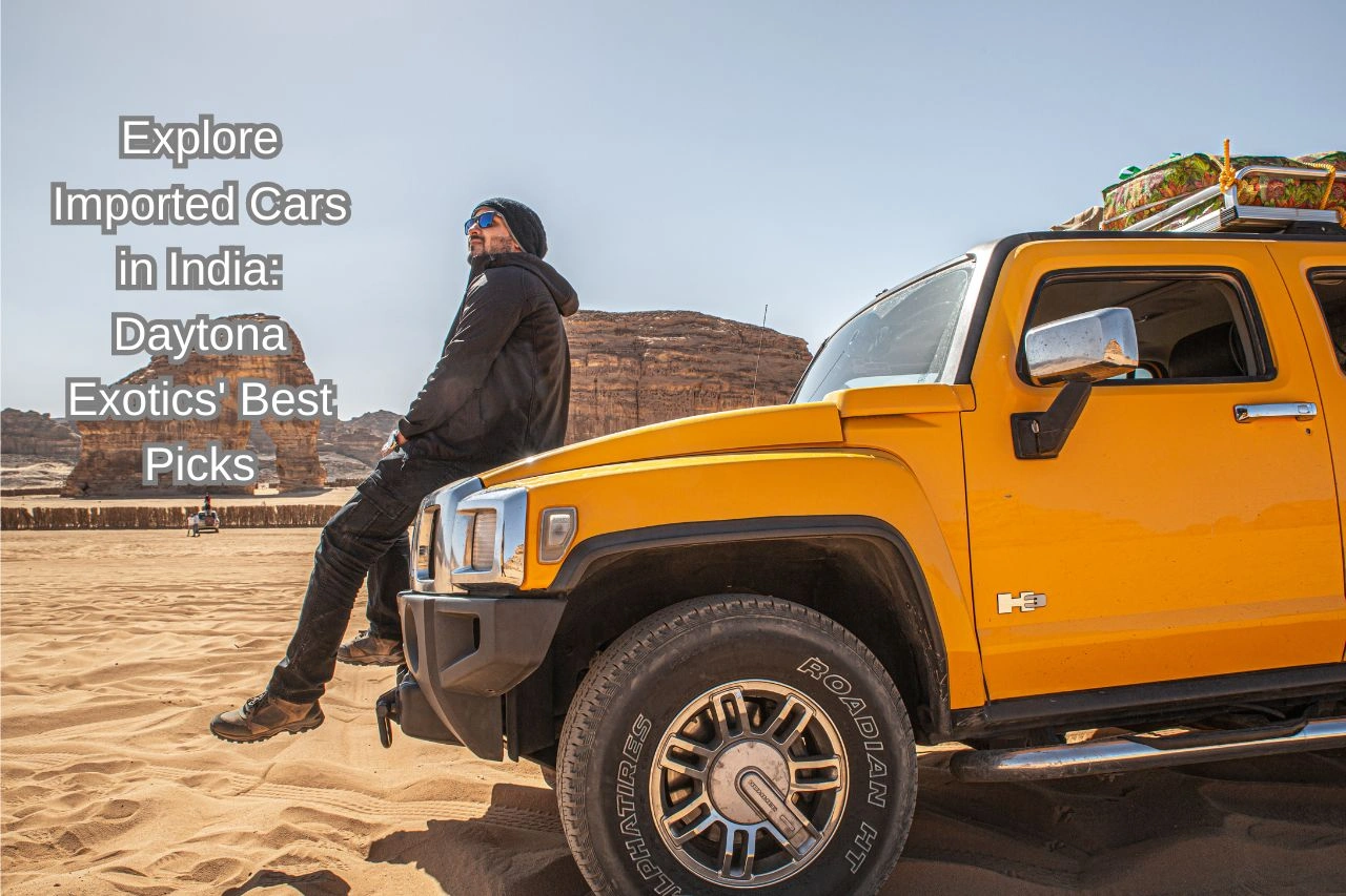 Orange Hummer vehicle in desert landscape exploring imported cars in India with Daytona Exotics