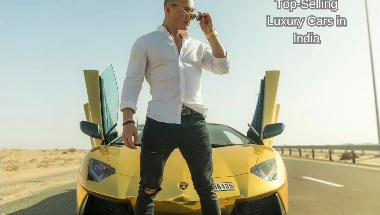 Man standing beside yellow Lamborghini with scissor doors showcasing top-selling luxury cars in India