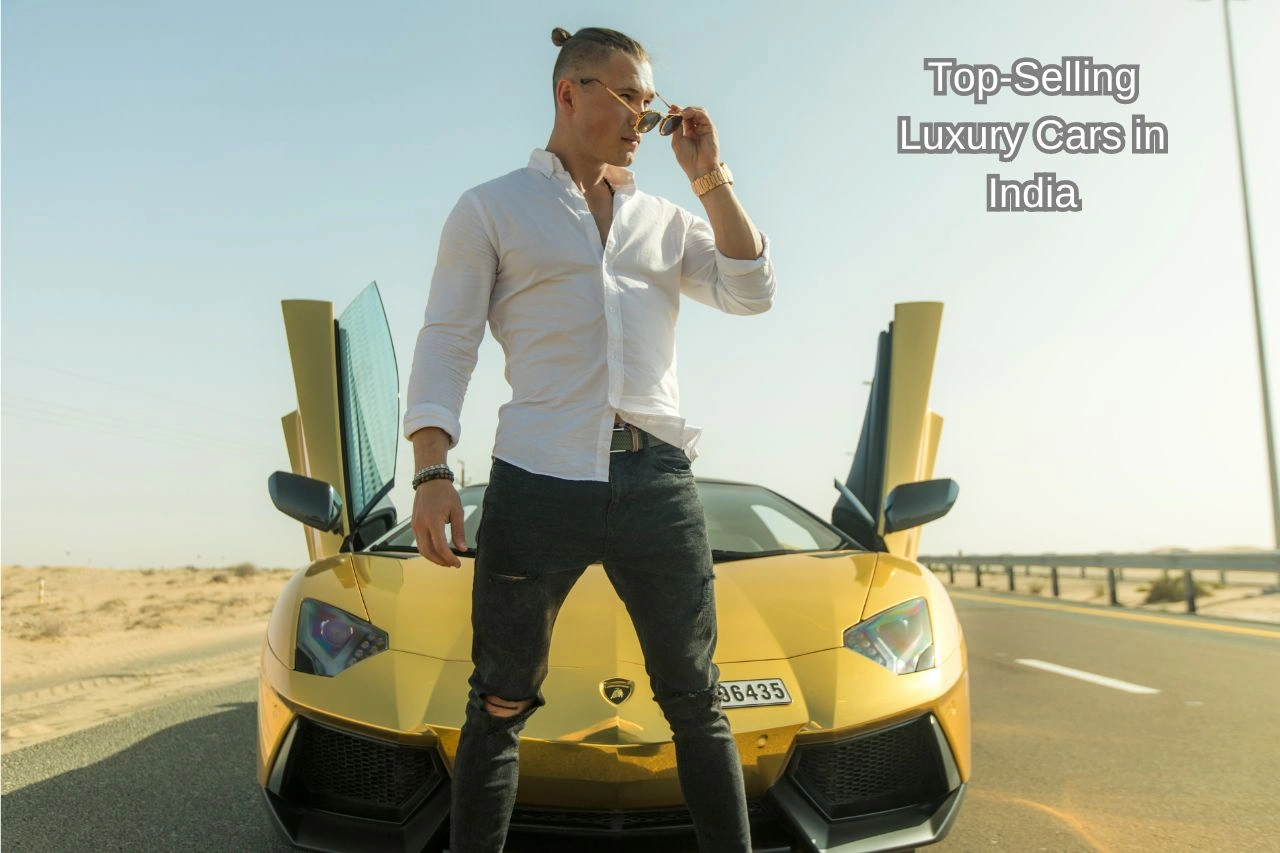 Man standing beside yellow Lamborghini with scissor doors showcasing top-selling luxury cars in India