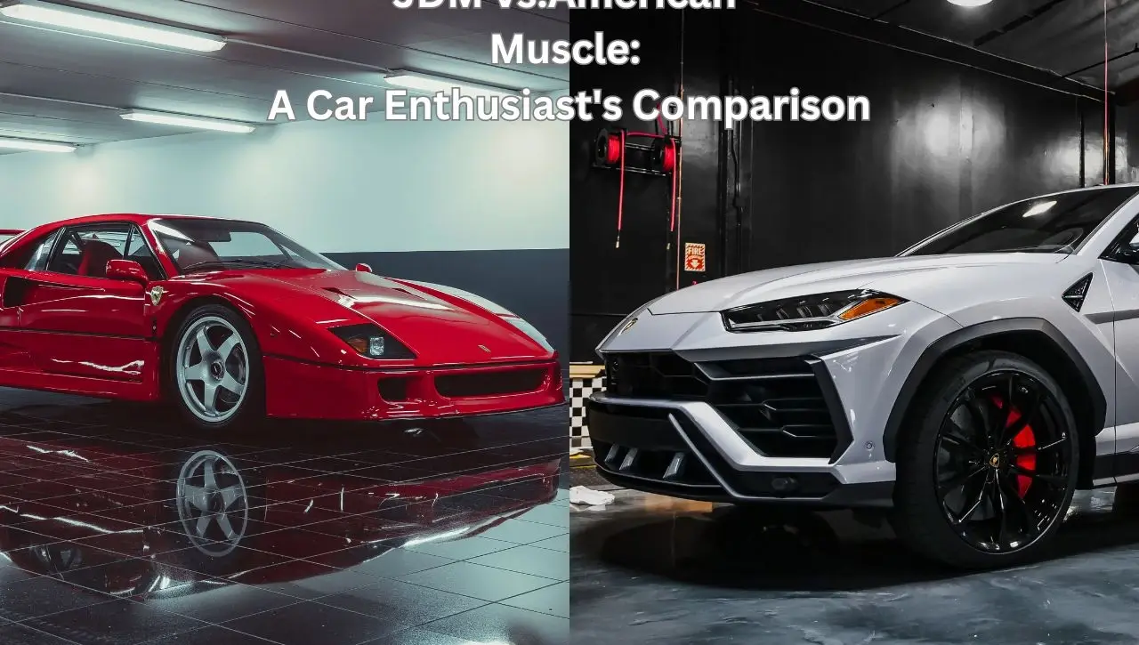 Red Japanese sports car versus white Lamborghini Urus comparison showing JDM and American muscle car enthusiast preferences