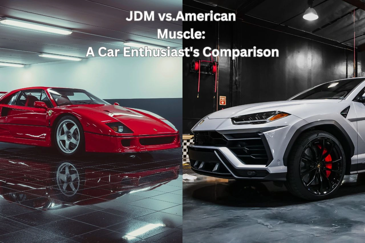 Red Japanese sports car versus white Lamborghini Urus comparison showing JDM and American muscle car enthusiast preferences