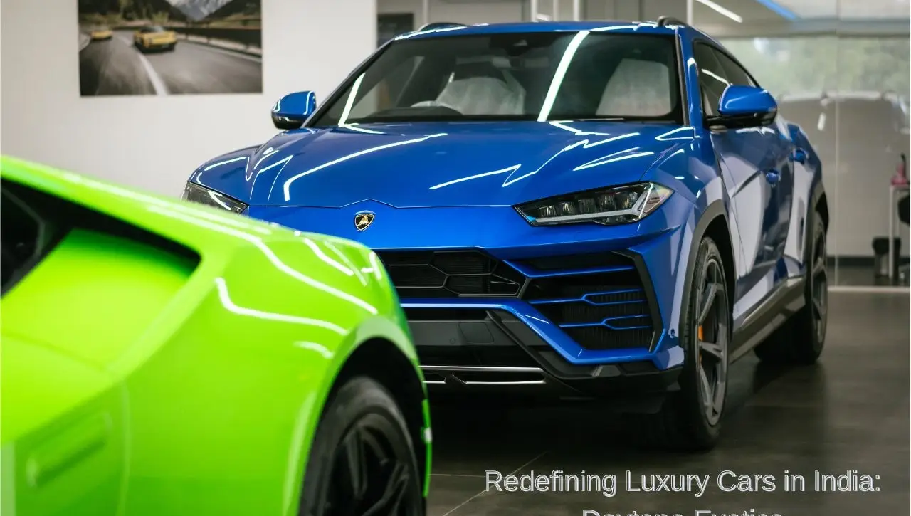 Blue Lamborghini Urus SUV and green Lamborghini in showroom redefining luxury cars in Indian automotive market