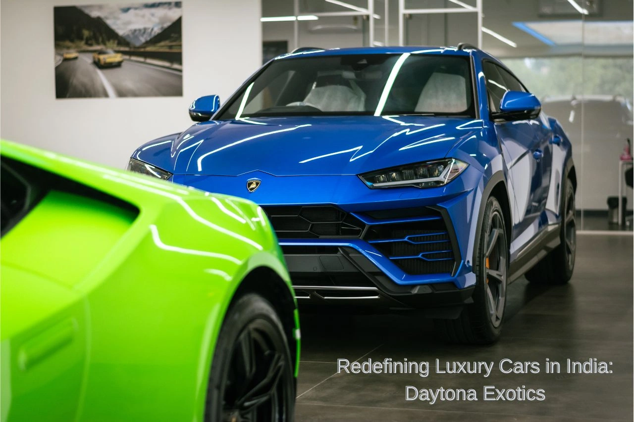 Blue Lamborghini Urus SUV and green Lamborghini in showroom redefining luxury cars in Indian automotive market