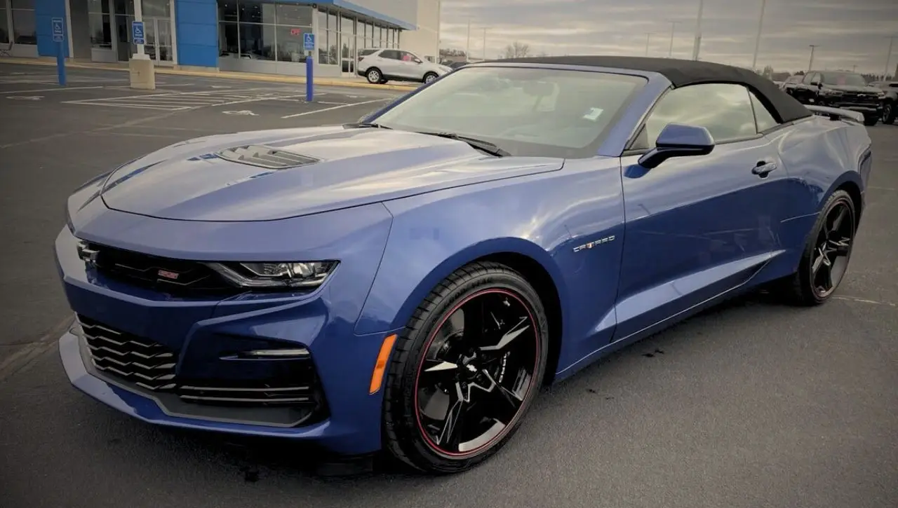 Blue Chevrolet Camaro convertible sports car parked outdoors exploring availability in India