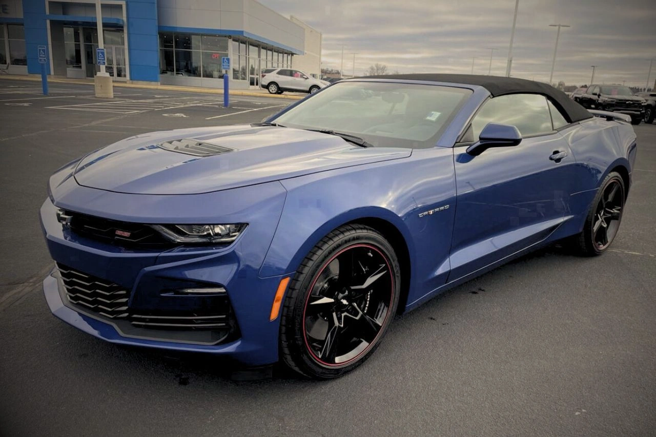Blue Chevrolet Camaro convertible sports car parked outdoors exploring availability in India