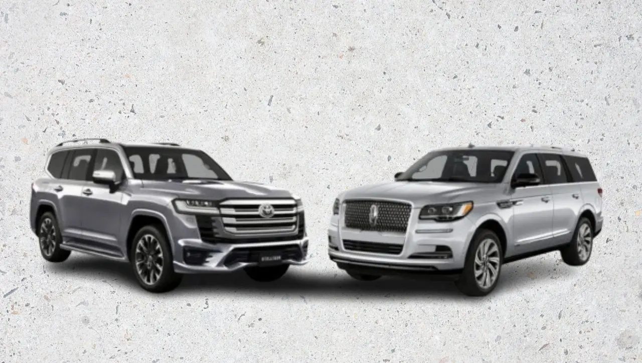 Side-by-side comparison of silver Lincoln Navigator XL and white Toyota Land Cruiser 300 luxury SUVs