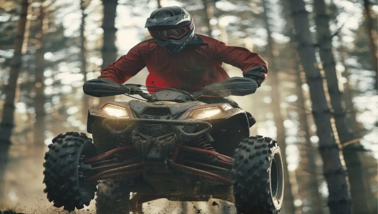 Rider in red jacket operating Can-Am Ryker three-wheeled vehicle on forest trail with trees